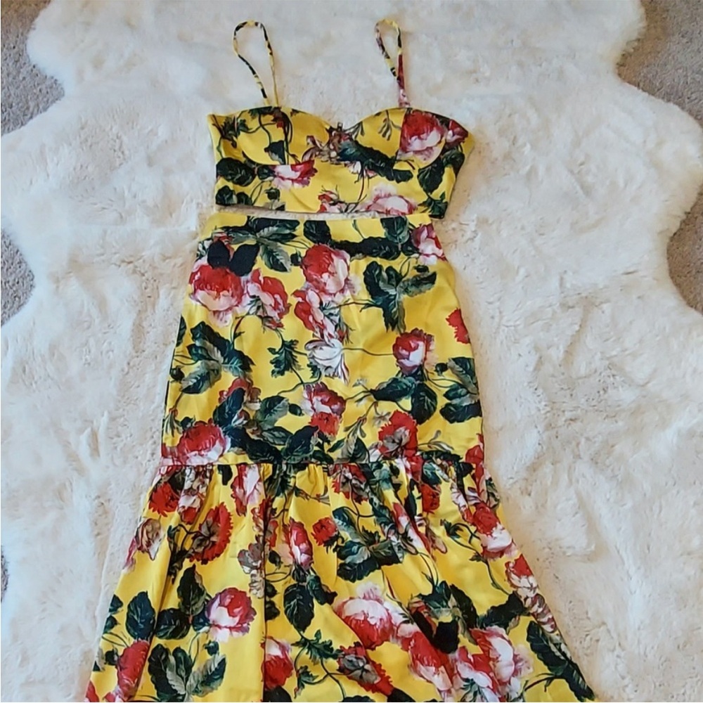 Hot Miami Styles Yellow Floral Silky skirt set S